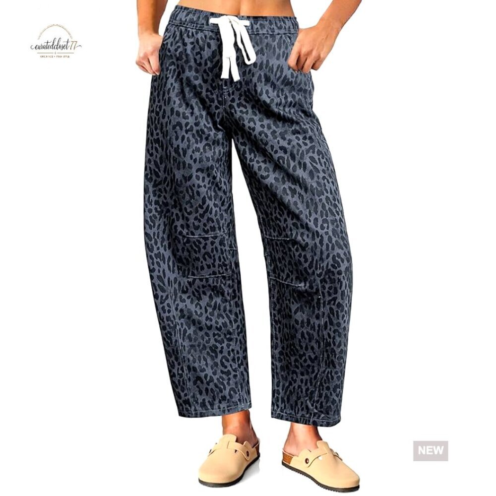 Stretch Denim Barrel Jeans High Waisted Wide Leg Pull On Drawstring Pants